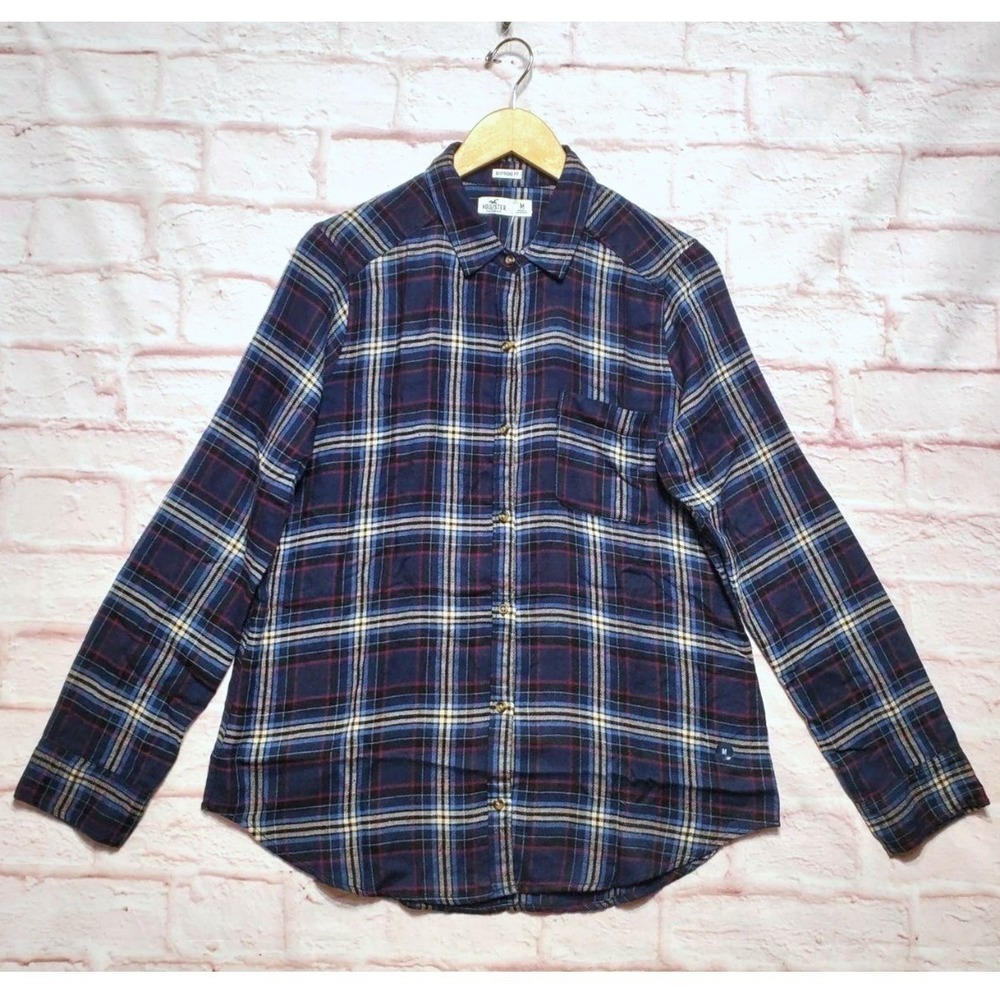 Hollister Flannel Shirt Women Medium Blue Plaid Boyfriend Fit Long Sleeve NWT